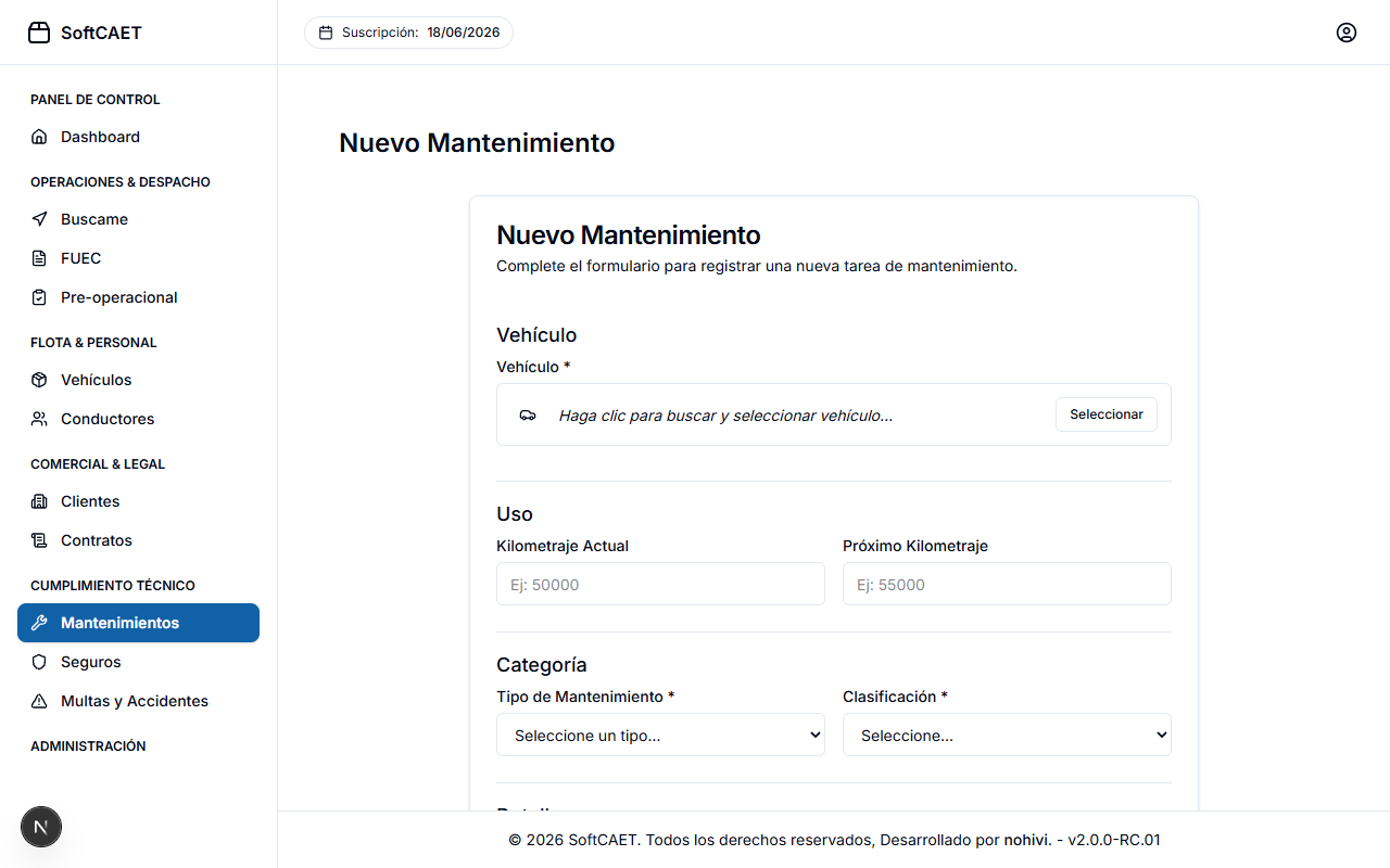 Crear Nuevo Mantenimiento